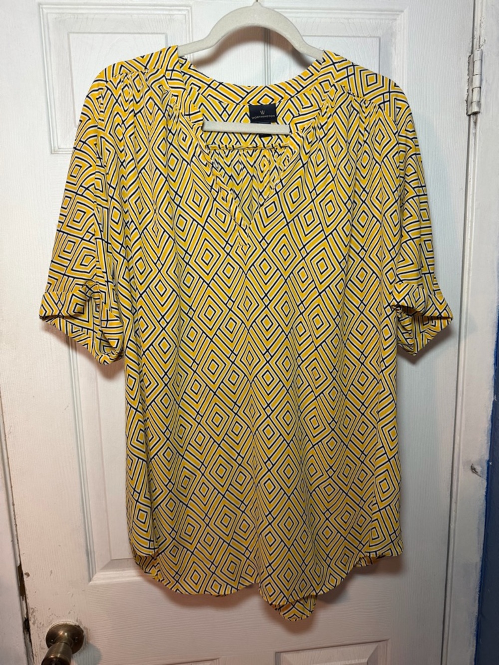 Worthington Yellow Geometric Print Women's Blouse with Short Sleeves